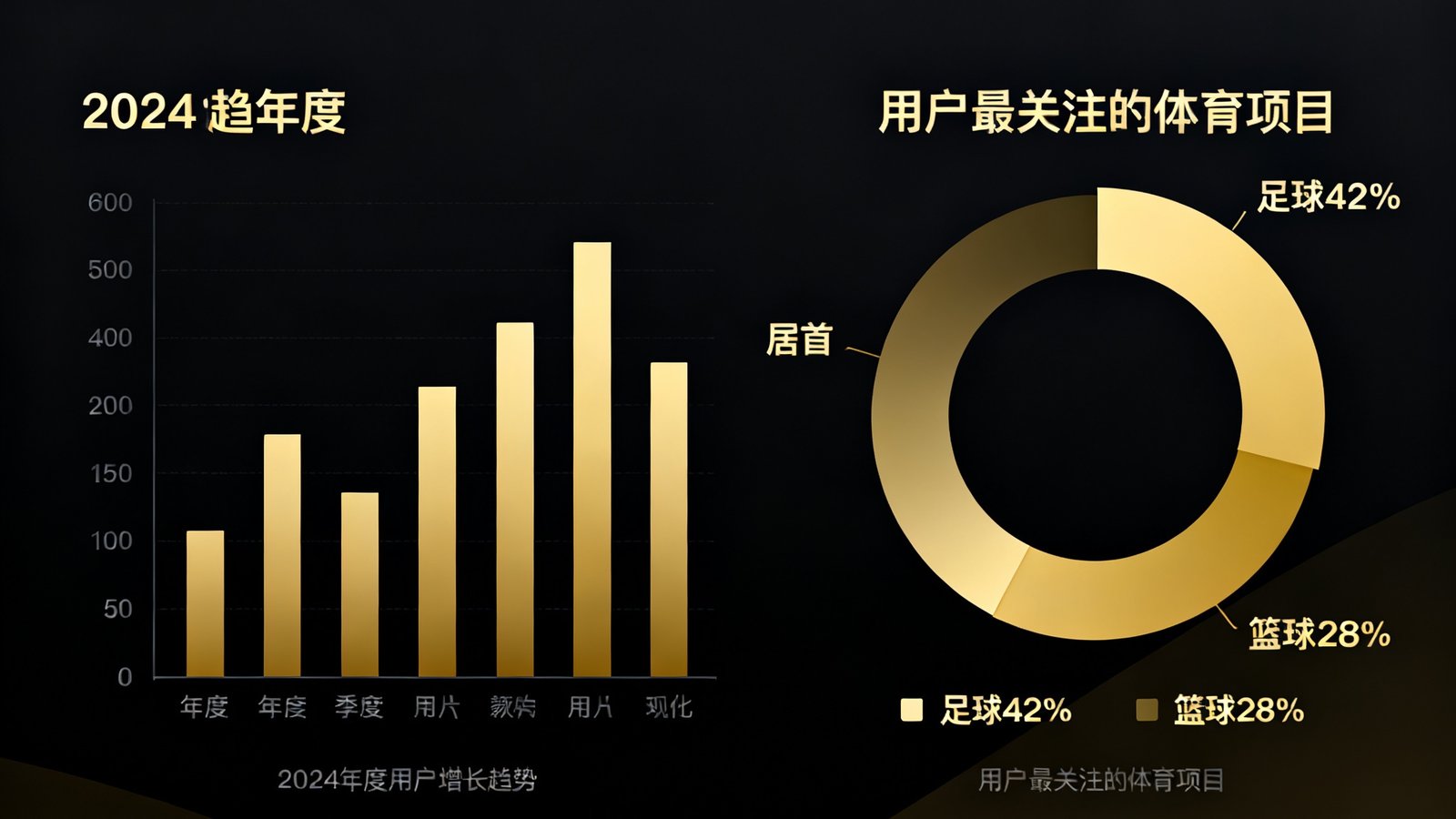 一份2024年度报告的数据可视化图表，左侧柱状图显示各季度用户增长趋势，右侧环形图展示用户最关注的体育项目占比，足球占42%居首，篮球28%紧随其后，整体设计采用深色主题金色数据标注