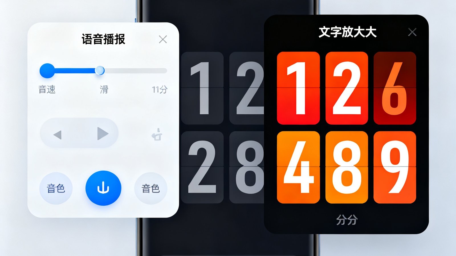 手机屏幕展示华体会无障碍模式的界面，左侧为语音播报控制面板包含语速调节滑块和音色选择按钮，右侧为文字放大模式下的比分显示界面，数字以特大号字体呈现并配有高对比度配色方案